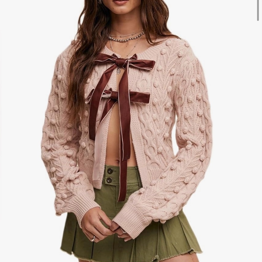 Listicle Pink Cable Knit Cardigan with Brown Bow Accents Knit Cardigan - Blush
